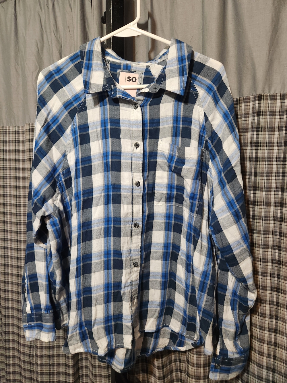 SO Blue and White Plaid Button-Up Shirt with Pocket